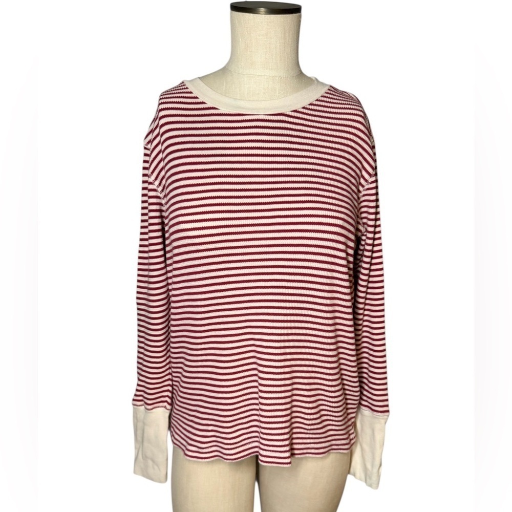 Sundance Thermal Waffle Knit Red White Stripe Velvet Cuff Long Sleeve Top Sz PM